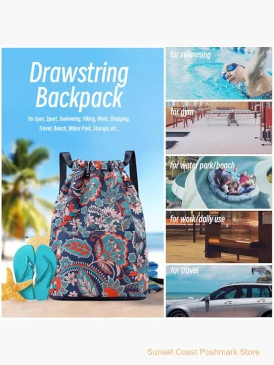 Waterproof Drawstring Backpack with Zipper Pockets Gym Travel Bag - Picture 4 of 7